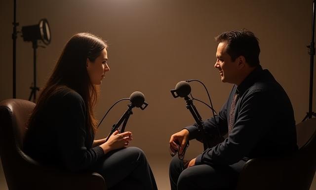 Interview setup with lighting and microphones